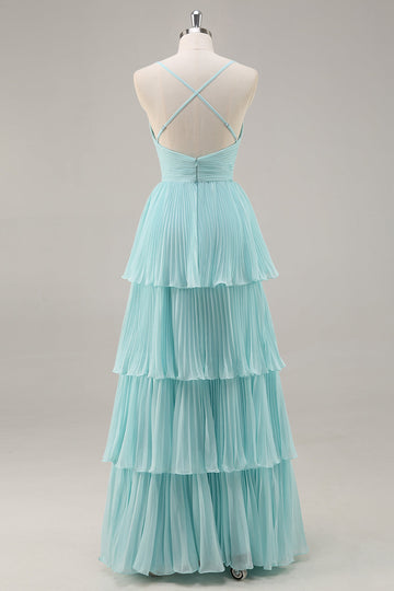 A-Line Spaghetti Straps Pleated Tiered Floor Length Chiffon Bridesmaid Dress